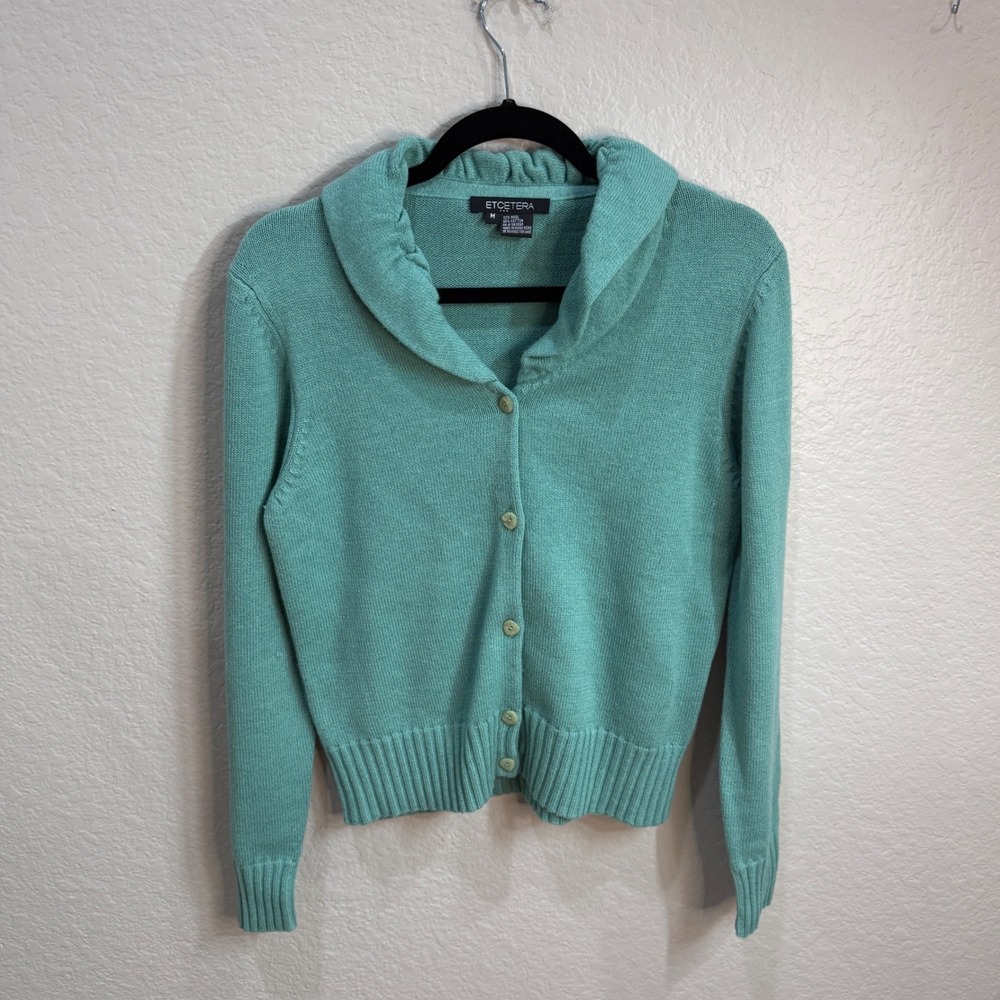 Etcetera Wool Cotton Sweater Cardigan Aqua Shawl Collar Preppy Minimalist M